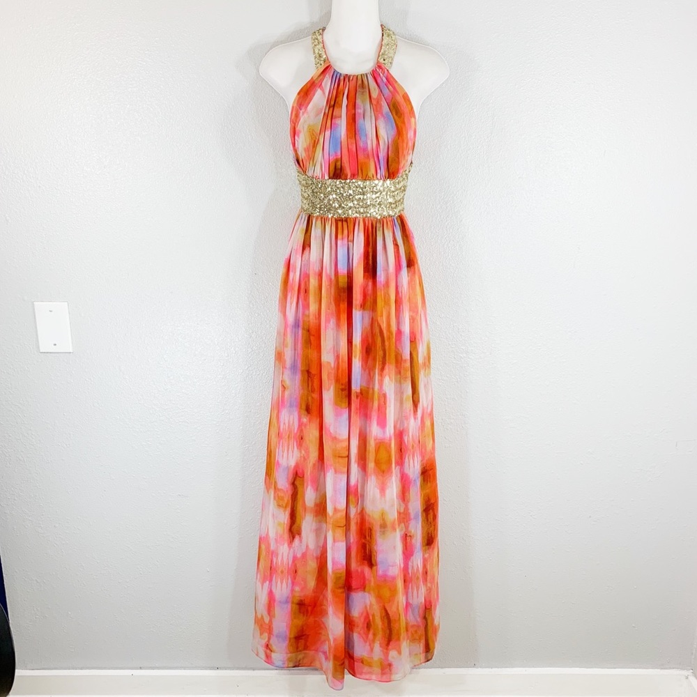 Calvin Klein orange watercolor sequin halter gown